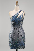 Load image into Gallery viewer, Sparkly Navy Tight Floral Short Beaded Keyhole Birthday Party Dress