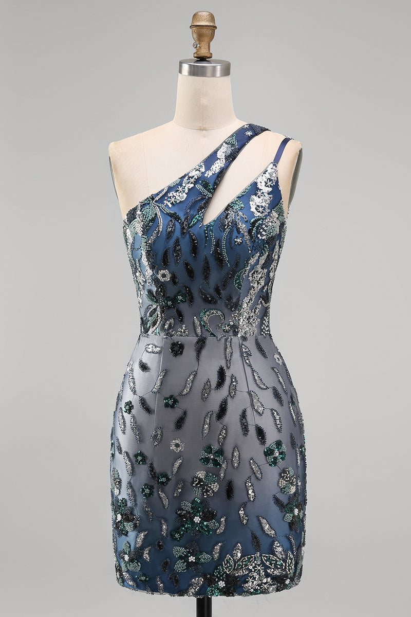 Load image into Gallery viewer, Sparkly Navy Tight Floral Short Beaded Keyhole Birthday Party Dress