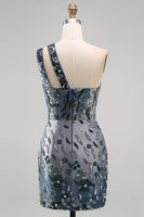 Load image into Gallery viewer, Sparkly Navy Tight Floral Short Beaded Keyhole Birthday Party Dress