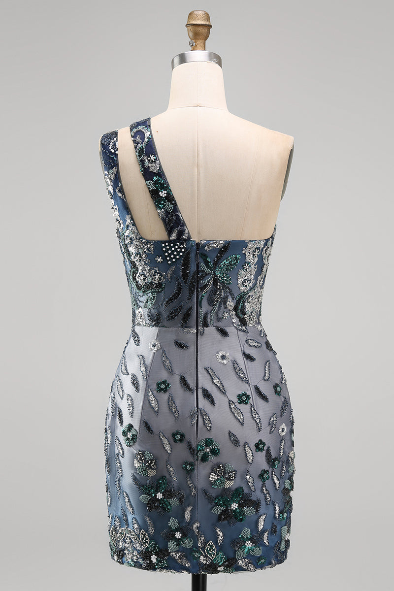 Load image into Gallery viewer, Sparkly Navy Tight Floral Short Beaded Keyhole Birthday Party Dress
