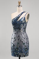 Load image into Gallery viewer, Sparkly Navy Tight Floral Short Beaded Keyhole Birthday Party Dress