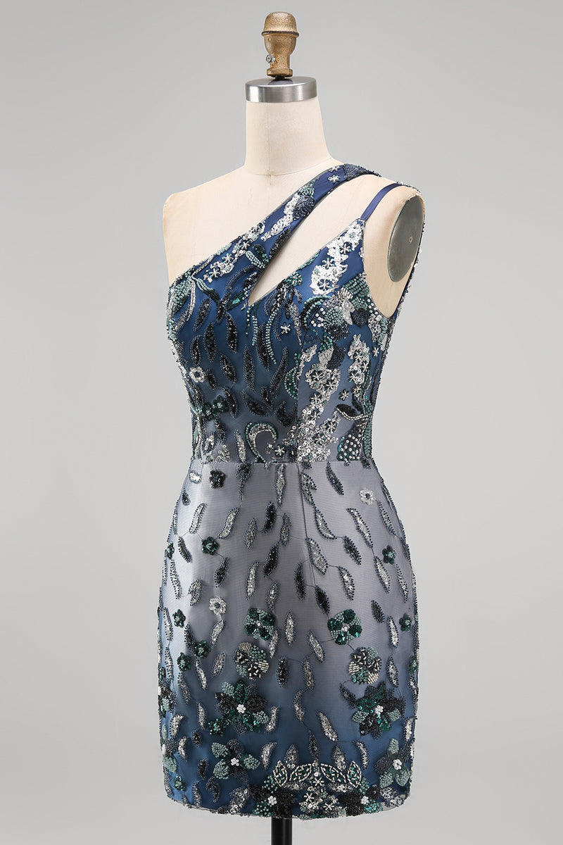Load image into Gallery viewer, Sparkly Navy Tight Floral Short Beaded Keyhole Birthday Party Dress