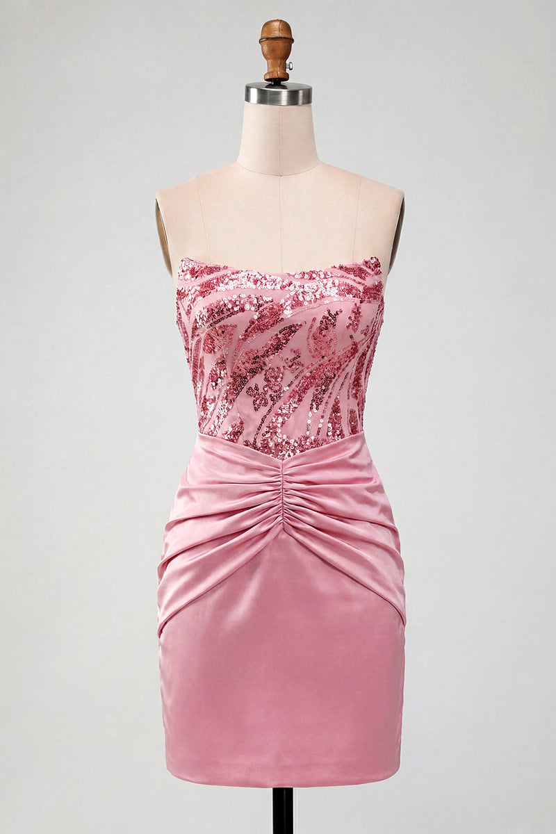 Load image into Gallery viewer, Sparkly Pink Strapless Tight Short Sequin Ruched Birthday Party Dress