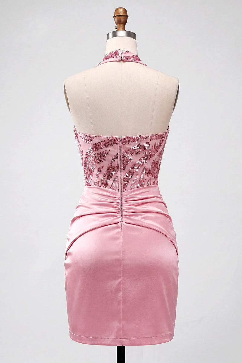 Load image into Gallery viewer, Sparkly Pink Strapless Tight Short Sequin Ruched Birthday Party Dress