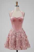 Load image into Gallery viewer, Sparkly Pink Halter Velvet Short Floral Corset A Line Birthday Party Dress