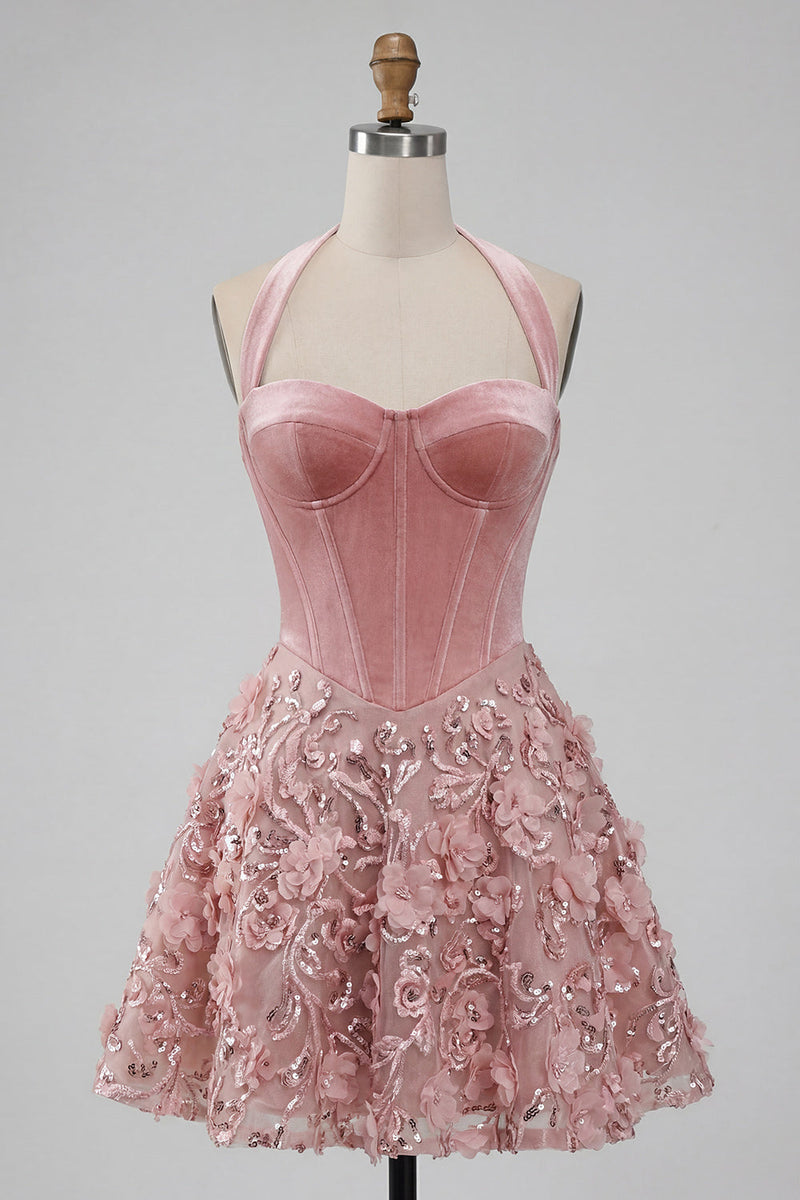 Load image into Gallery viewer, Sparkly Pink Halter Velvet Short Floral Corset A Line Birthday Party Dress