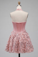 Load image into Gallery viewer, Sparkly Pink Halter Velvet Short Floral Corset A Line Birthday Party Dress