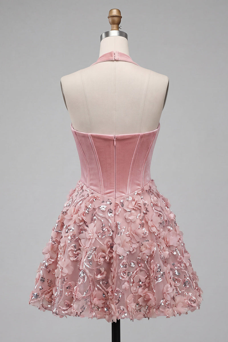 Load image into Gallery viewer, Sparkly Pink Halter Velvet Short Floral Corset A Line Birthday Party Dress