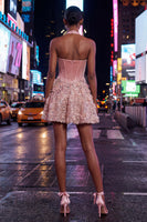 Load image into Gallery viewer, Sparkly Pink Halter Velvet Short Floral Corset A Line Birthday Party Dress