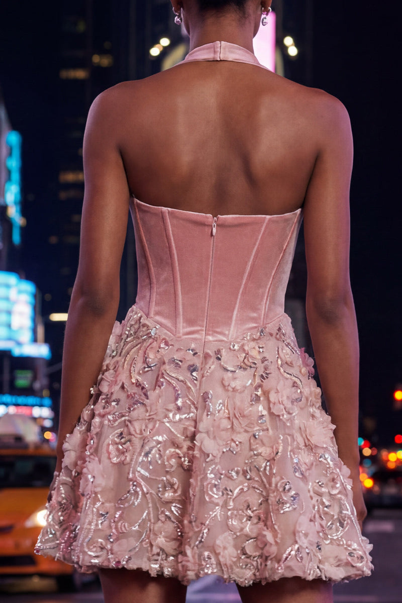 Load image into Gallery viewer, Sparkly Pink Halter Velvet Short Floral Corset A Line Birthday Party Dress