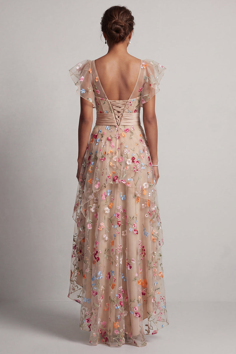 Load image into Gallery viewer, Champagne High Low Floral Corset A Line Mother of the Bride Dress with Ruffles