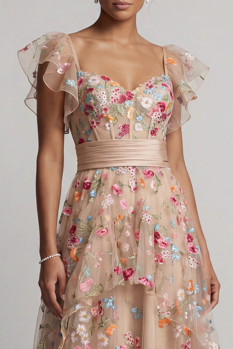 Load image into Gallery viewer, Champagne High Low Floral Corset A Line Mother of the Bride Dress with Ruffles