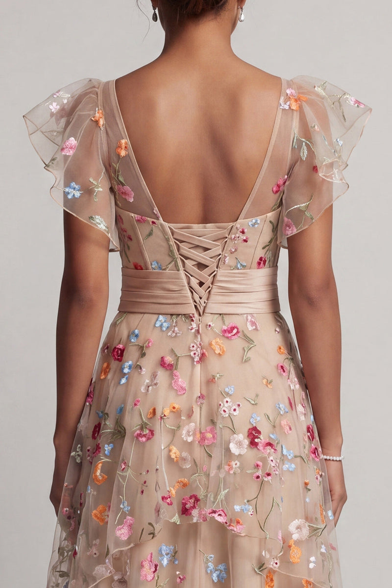 Load image into Gallery viewer, Champagne High Low Floral Corset A Line Mother of the Bride Dress with Ruffles