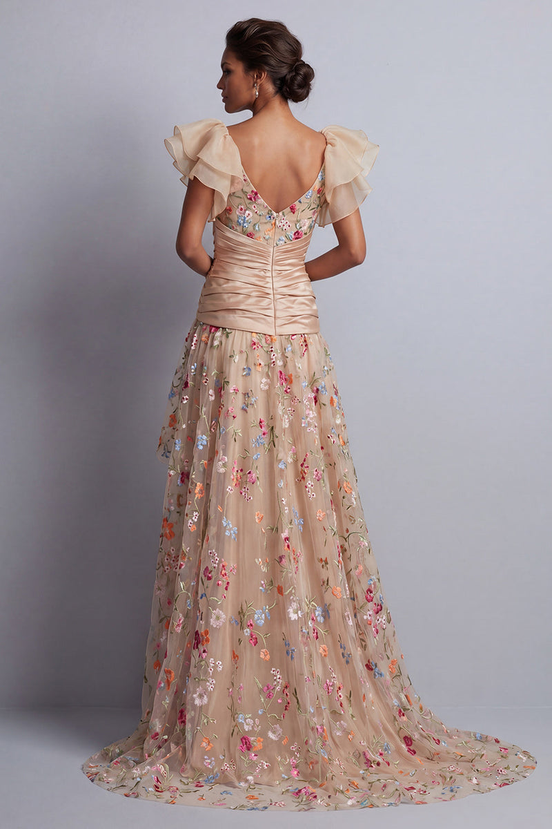 Load image into Gallery viewer, Champagne High Low Corset Floral Ruched A Line Mother of the Bride Dress with Ruffles