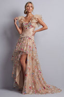 Load image into Gallery viewer, Champagne High Low Corset Floral Ruched A Line Mother of the Bride Dress with Ruffles