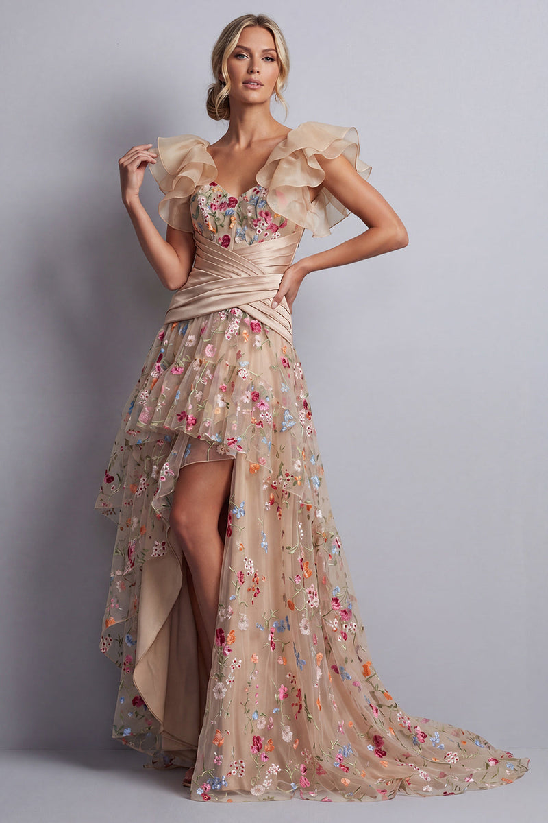 Load image into Gallery viewer, Champagne High Low Corset Floral Ruched A Line Mother of the Bride Dress with Ruffles