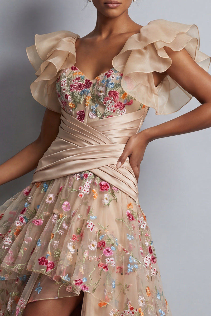 Load image into Gallery viewer, Champagne High Low Corset Floral Ruched A Line Mother of the Bride Dress with Ruffles