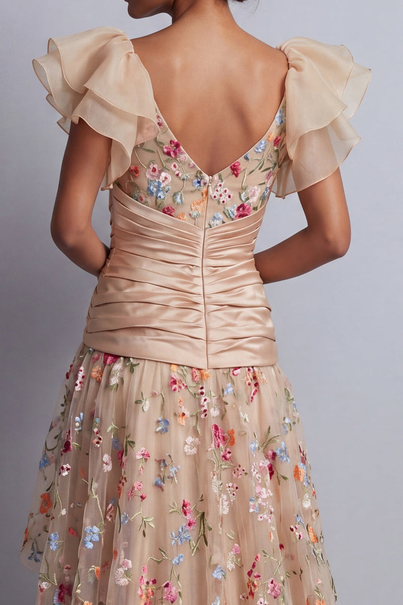 Load image into Gallery viewer, Champagne High Low Corset Floral Ruched A Line Mother of the Bride Dress with Ruffles