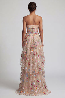 Floral Champagne Strapless Long Corset A Line Mother of the Bride Dress with Ruffles