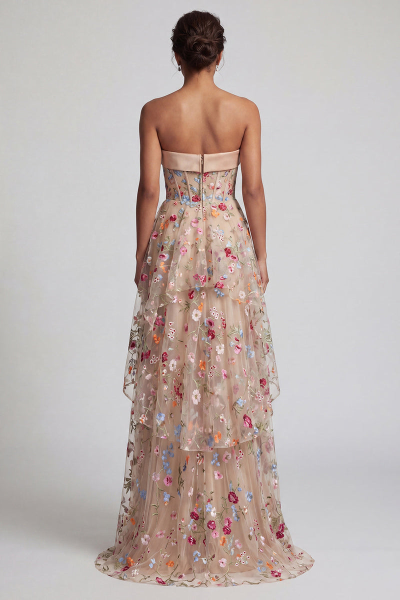Load image into Gallery viewer, Floral Champagne Strapless Long Corset A Line Mother of the Bride Dress with Ruffles