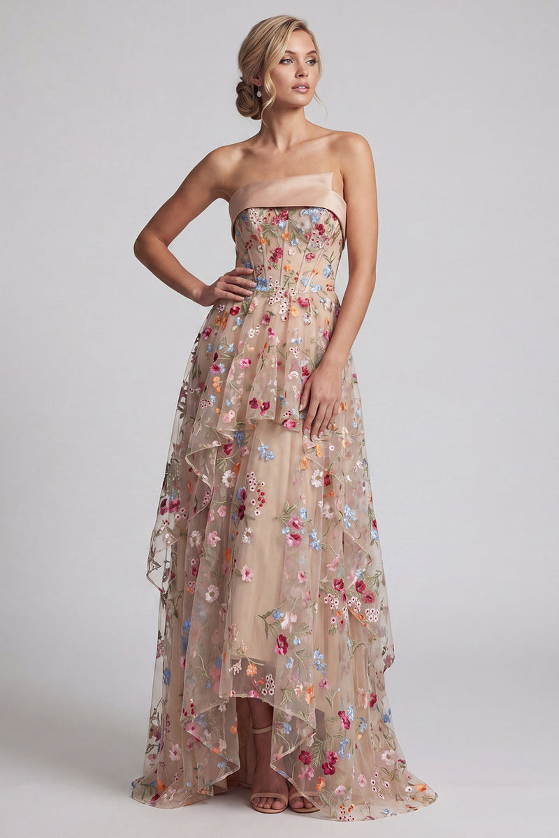 Load image into Gallery viewer, Floral Champagne Strapless Long Corset A Line Mother of the Bride Dress with Ruffles