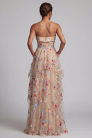 Load image into Gallery viewer, Ruffled Champagne Long Floral Corset A Line Mother of the Bride Dress with Pockets