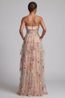 Ruffled Champagne Long Floral Corset A Line Mother of the Bride Dress with Pockets