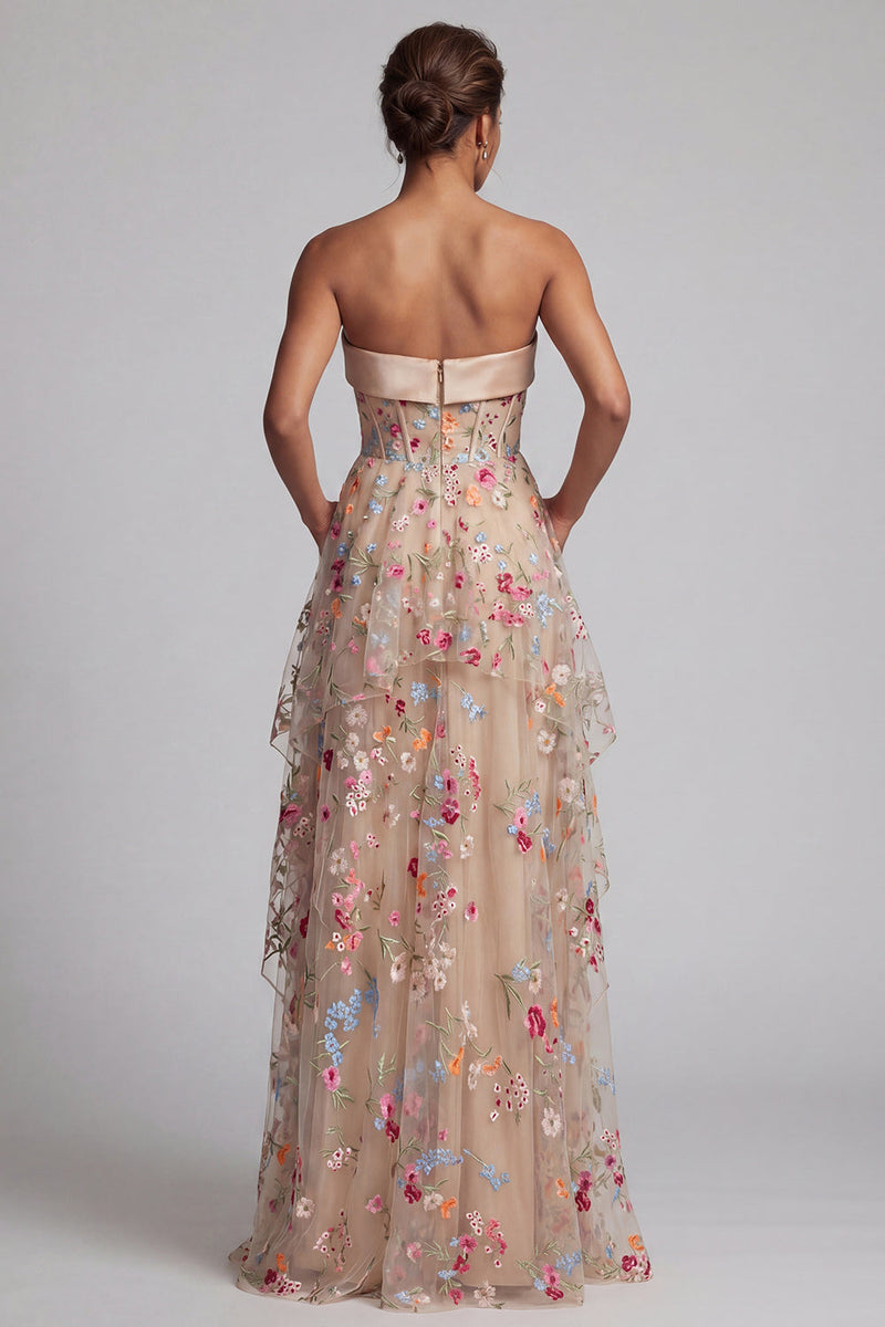 Load image into Gallery viewer, Ruffled Champagne Long Floral Corset A Line Mother of the Bride Dress with Pockets