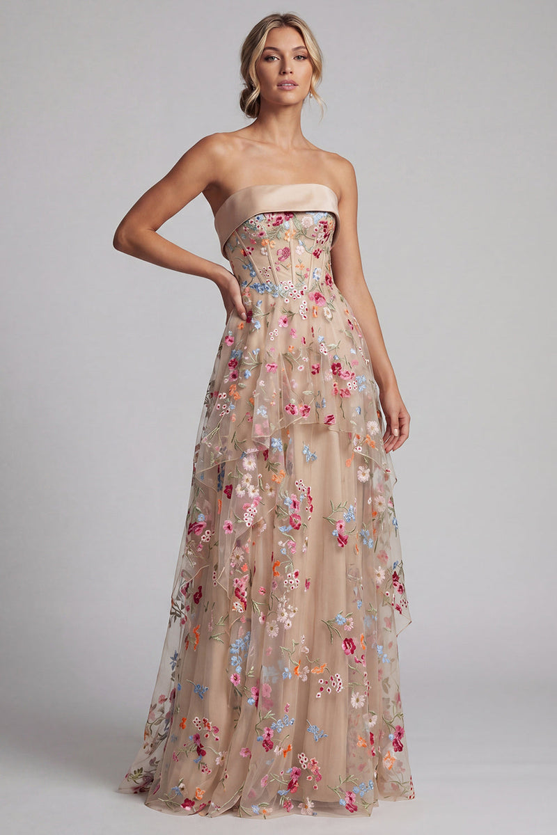 Load image into Gallery viewer, Ruffled Champagne Long Floral Corset A Line Mother of the Bride Dress with Pockets