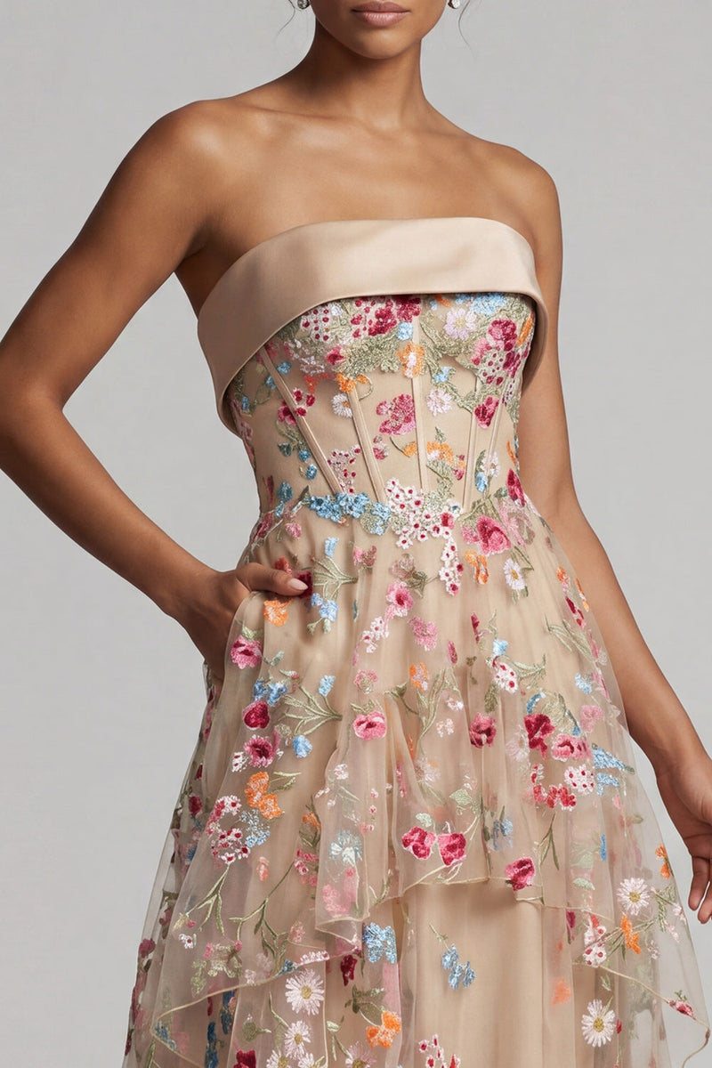 Load image into Gallery viewer, Ruffled Champagne Long Floral Corset A Line Mother of the Bride Dress with Pockets