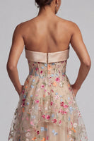 Load image into Gallery viewer, Ruffled Champagne Long Floral Corset A Line Mother of the Bride Dress with Pockets