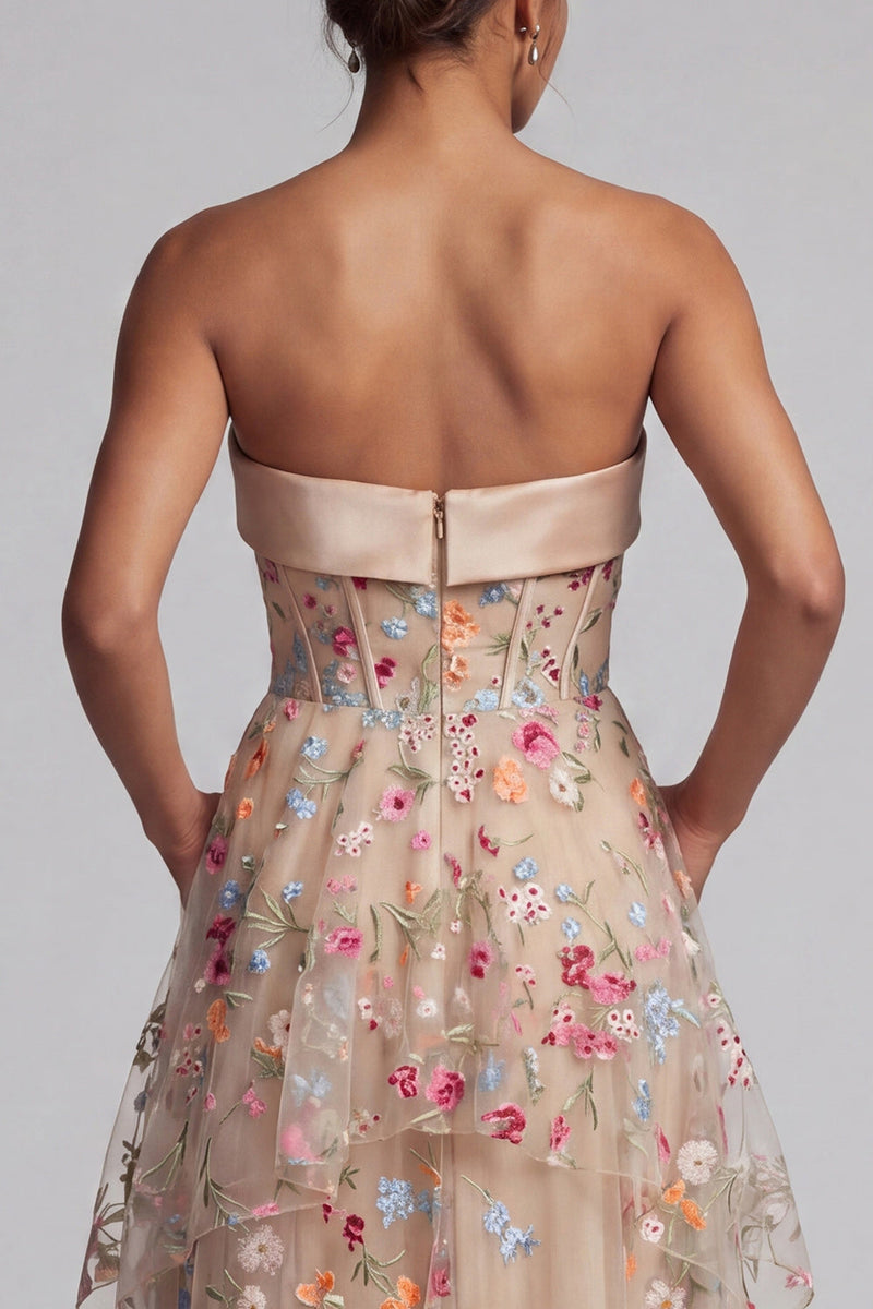 Load image into Gallery viewer, Ruffled Champagne Long Floral Corset A Line Mother of the Bride Dress with Pockets