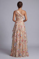 Load image into Gallery viewer, Floral One Shoulder Champagne Long A Line Mother of the Bride Dress with Ruffles