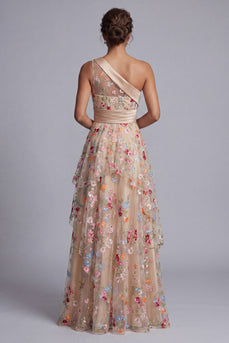 Floral One Shoulder Champagne Long A Line Mother of the Bride Dress with Ruffles