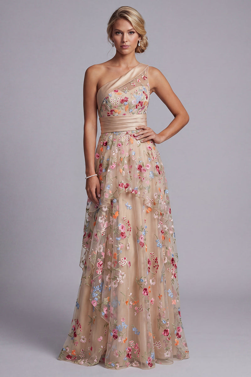 Load image into Gallery viewer, Floral One Shoulder Champagne Long A Line Mother of the Bride Dress with Ruffles