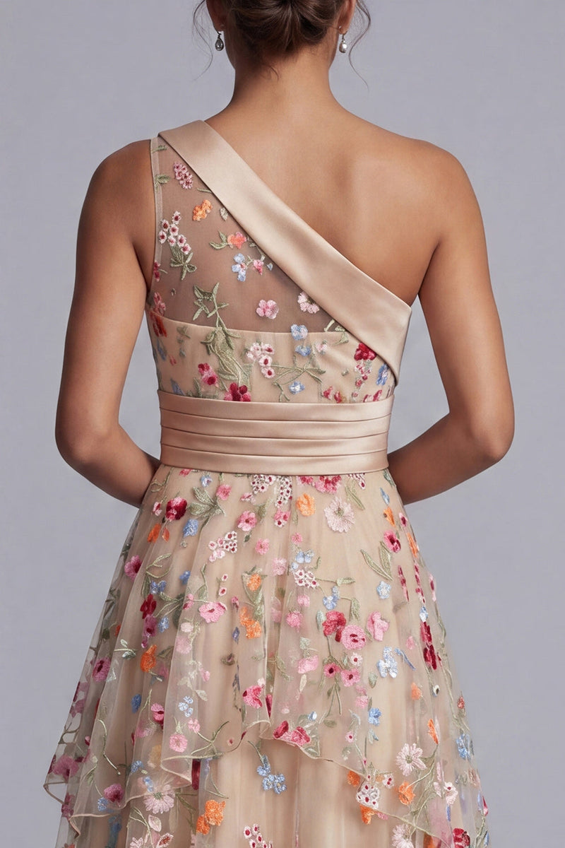Load image into Gallery viewer, Floral One Shoulder Champagne Long A Line Mother of the Bride Dress with Ruffles