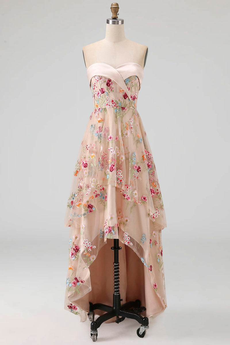 Load image into Gallery viewer, Basque Waist Champagne Floral High Low Corset Mother of the Bride Dress with Ruffles