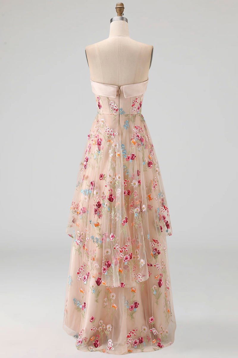 Load image into Gallery viewer, Basque Waist Champagne Floral High Low Corset Mother of the Bride Dress with Ruffles