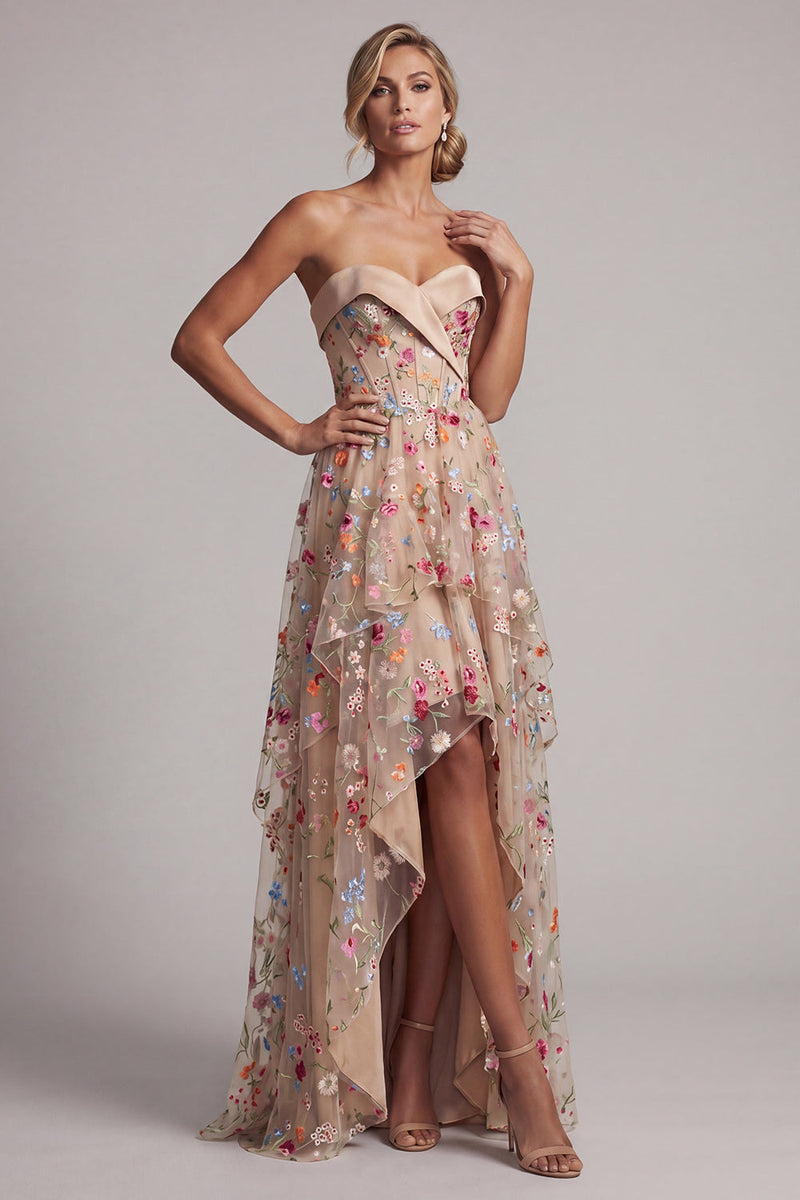 Load image into Gallery viewer, Basque Waist Champagne Floral High Low Corset Mother of the Bride Dress with Ruffles