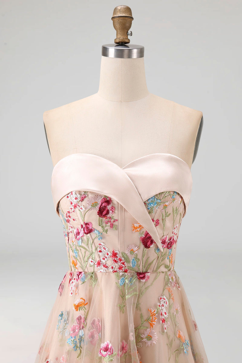 Load image into Gallery viewer, Basque Waist Champagne Floral High Low Corset Mother of the Bride Dress with Ruffles