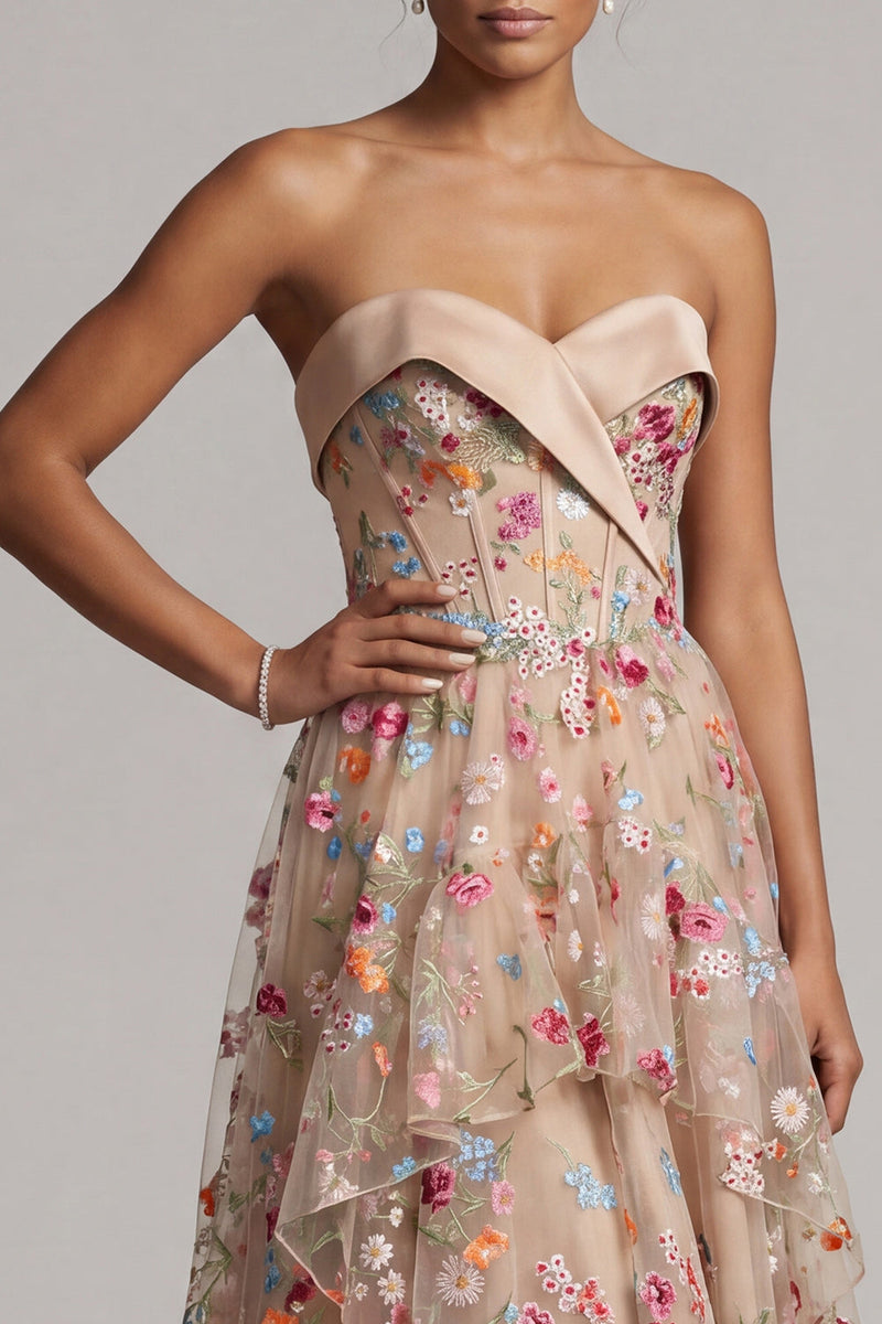 Load image into Gallery viewer, Basque Waist Champagne Floral High Low Corset Mother of the Bride Dress with Ruffles