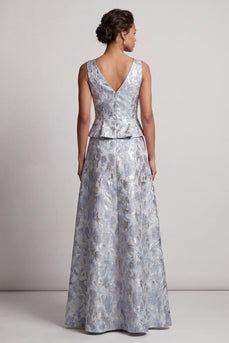 A Line Floral Dusty Blue V-Neck Long Jacquard Mother of the Bride Dress