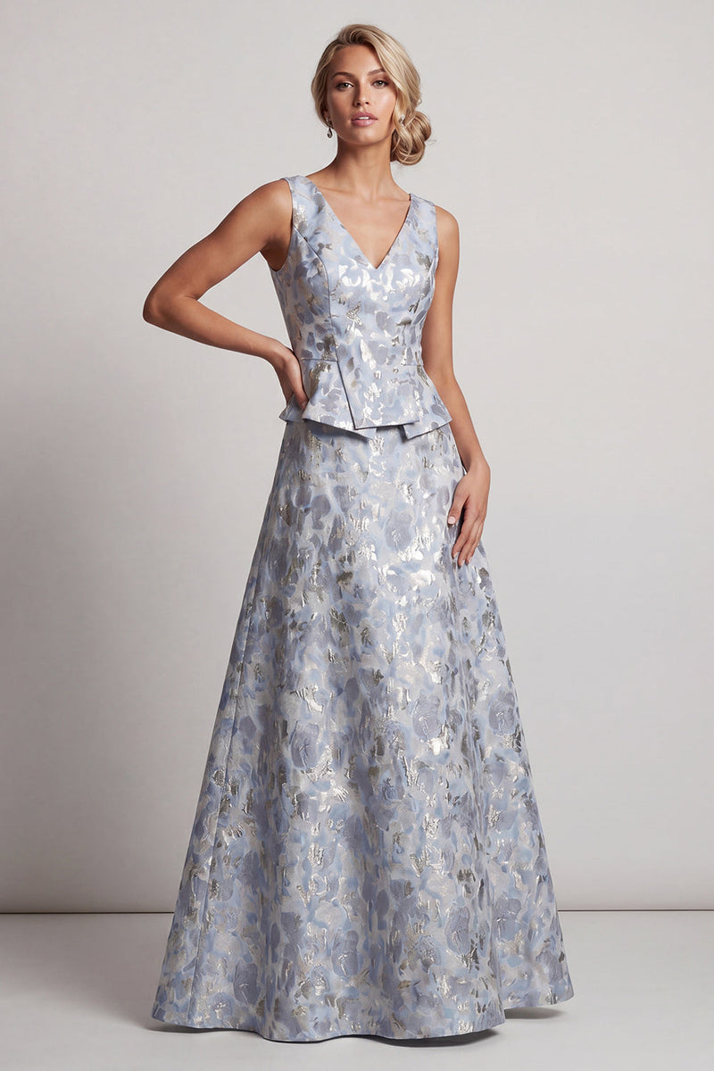Load image into Gallery viewer, A Line Floral Dusty Blue V-Neck Long Jacquard Mother of the Bride Dress