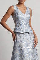 Load image into Gallery viewer, A Line Floral Dusty Blue V-Neck Long Jacquard Mother of the Bride Dress