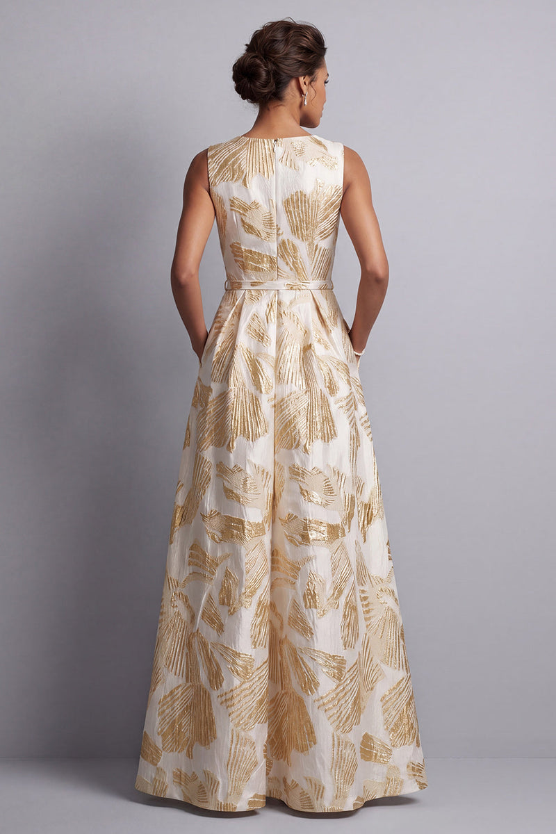 Load image into Gallery viewer, Champagne Jacquard Boat Neck Mother of the Bride Jumpsuits with Pockets