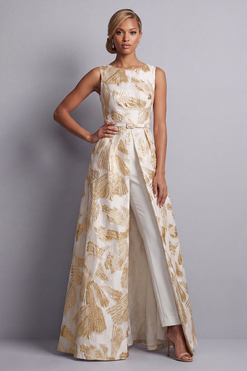 Load image into Gallery viewer, Champagne Jacquard Boat Neck Mother of the Bride Jumpsuits with Pockets