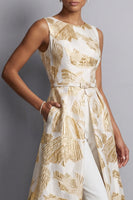 Load image into Gallery viewer, Champagne Jacquard Boat Neck Mother of the Bride Jumpsuits with Pockets