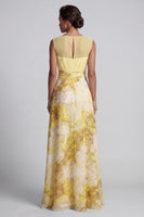 Load image into Gallery viewer, Floral A Line Long Butter Yellow Bateau Neck Printed Mother of the Bride Dress