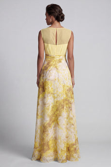 Floral A Line Long Butter Yellow Bateau Neck Printed Mother of the Bride Dress
