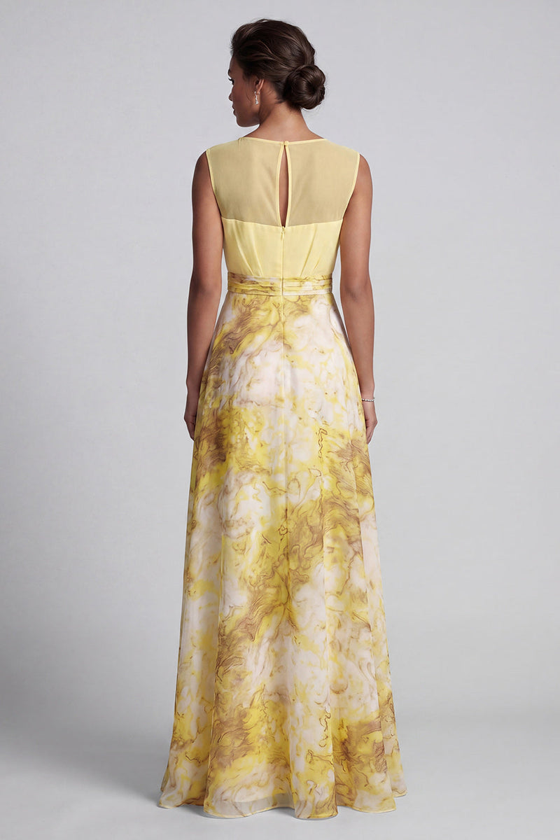 Load image into Gallery viewer, Floral A Line Long Butter Yellow Bateau Neck Printed Mother of the Bride Dress